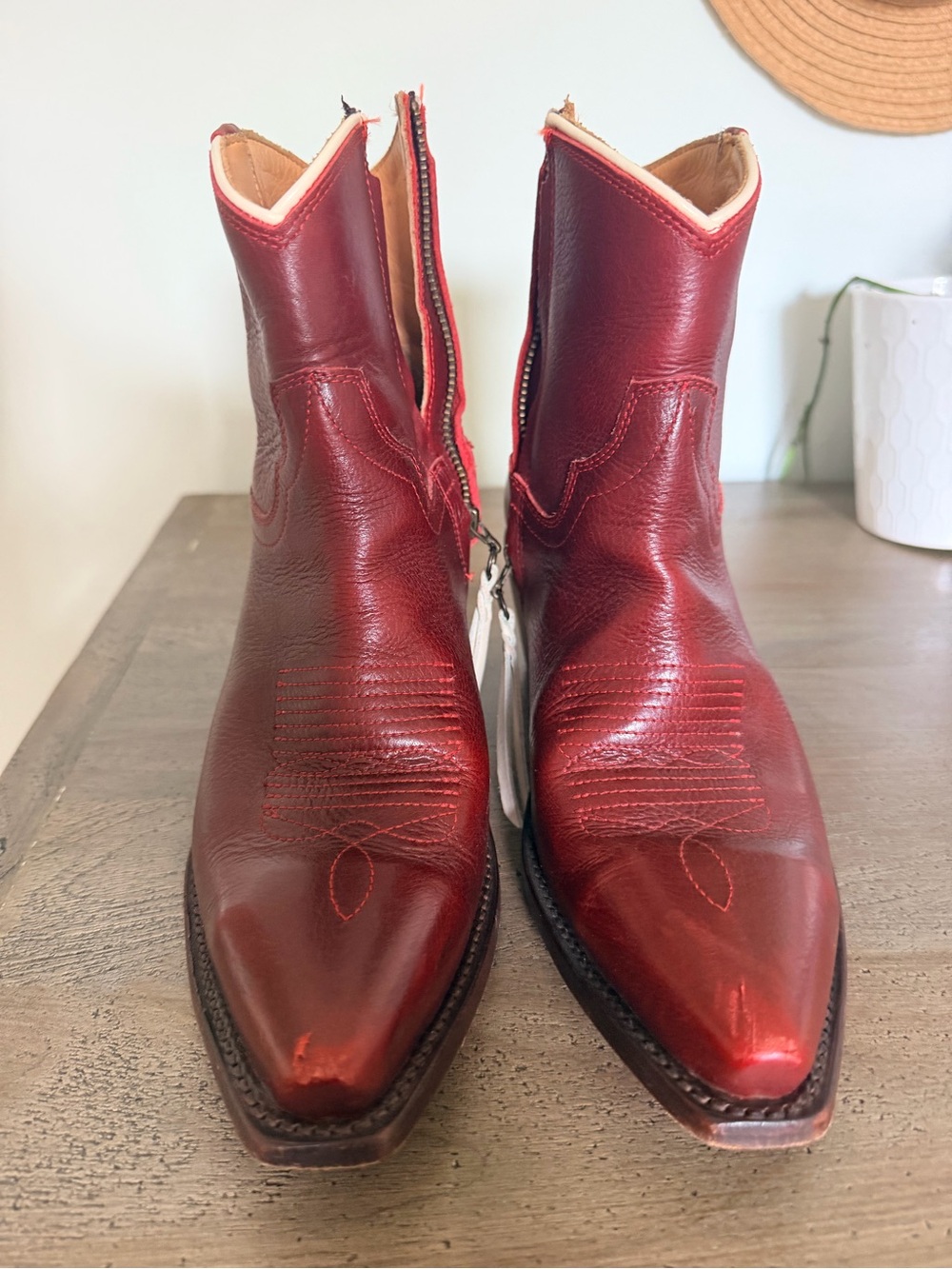 Men's Red Leather Western Boots - Zip Side